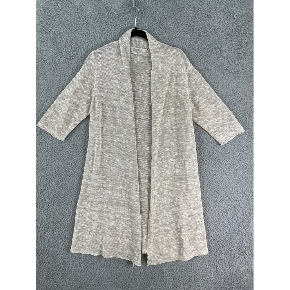 Eileen Fisher Cardigan Women's M Oatmeal Marled Longline Open Knit Layering Boho